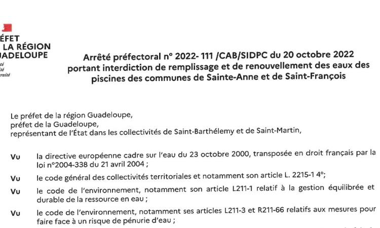 Sainte-anne et saint-françois : interdiction de remplissage et de renouvellement des eaux des piscines