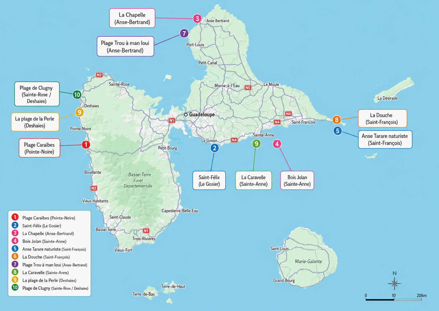 carte des plages de guadeloupe