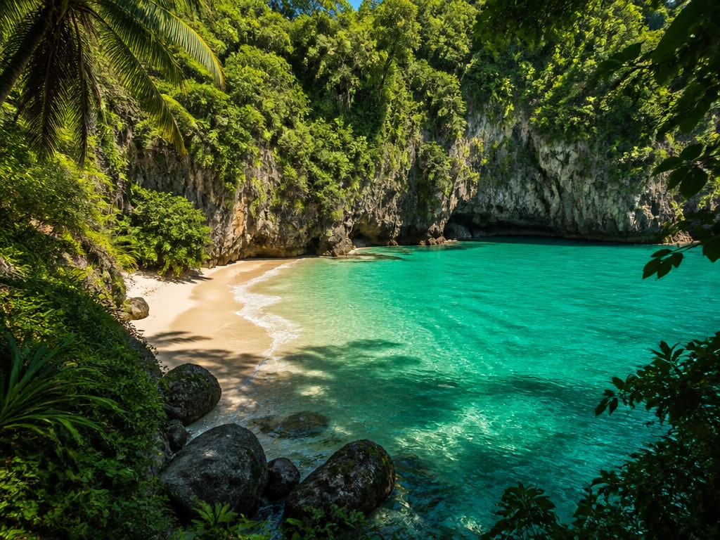 Crique secrète et préservée de Guadeloupe entourée de végétation tropicale