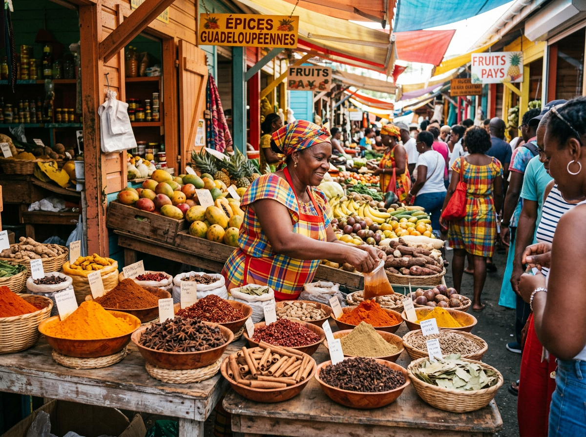 Marché créole Guadeloupe spécialités locales et épices