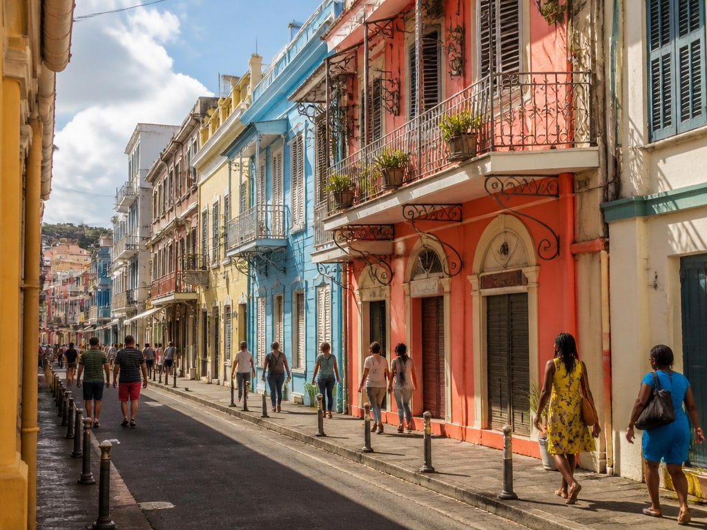 Rue colorée et maisons créoles de Pointe-à-Pitre.