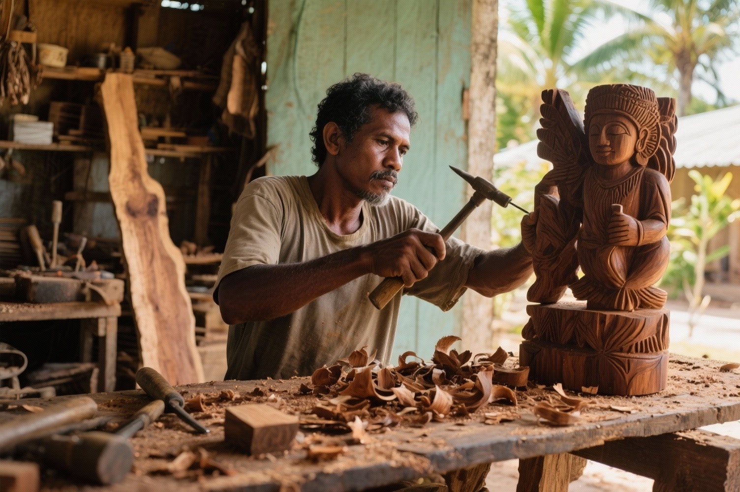 Sculpteur sur bois tropical créant une œuvre artisanale guadeloupéenne