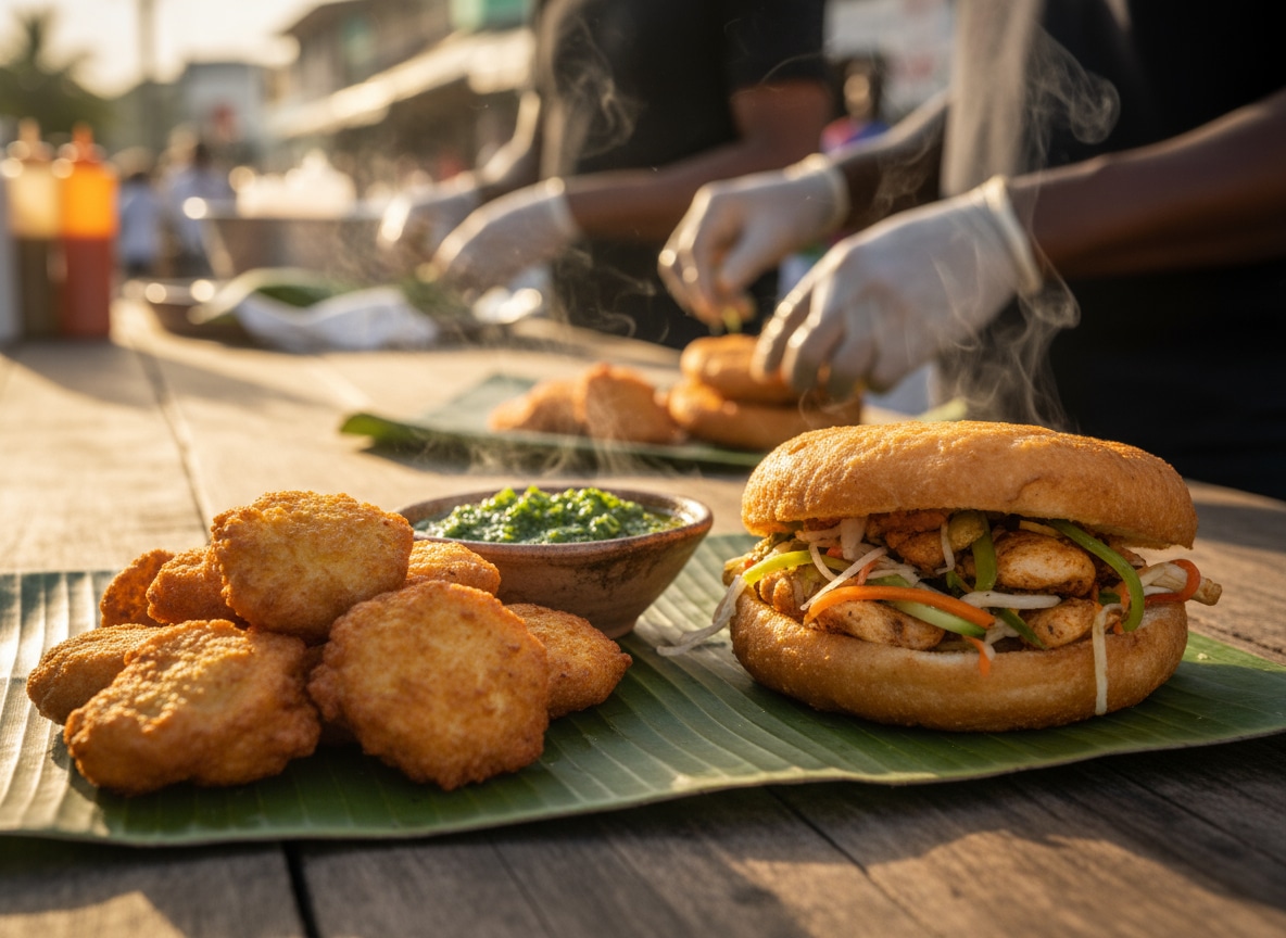 Spécialités créoles de rue avec acras et bokits en Guadeloupe