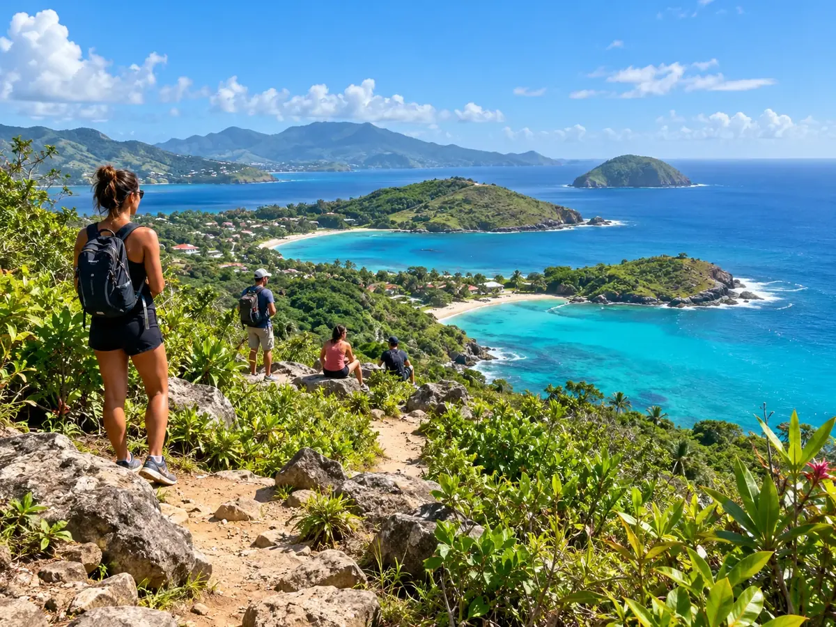 Illustration générée par IA de randonneurs sur un sentier côtier dominant une baie tropicale