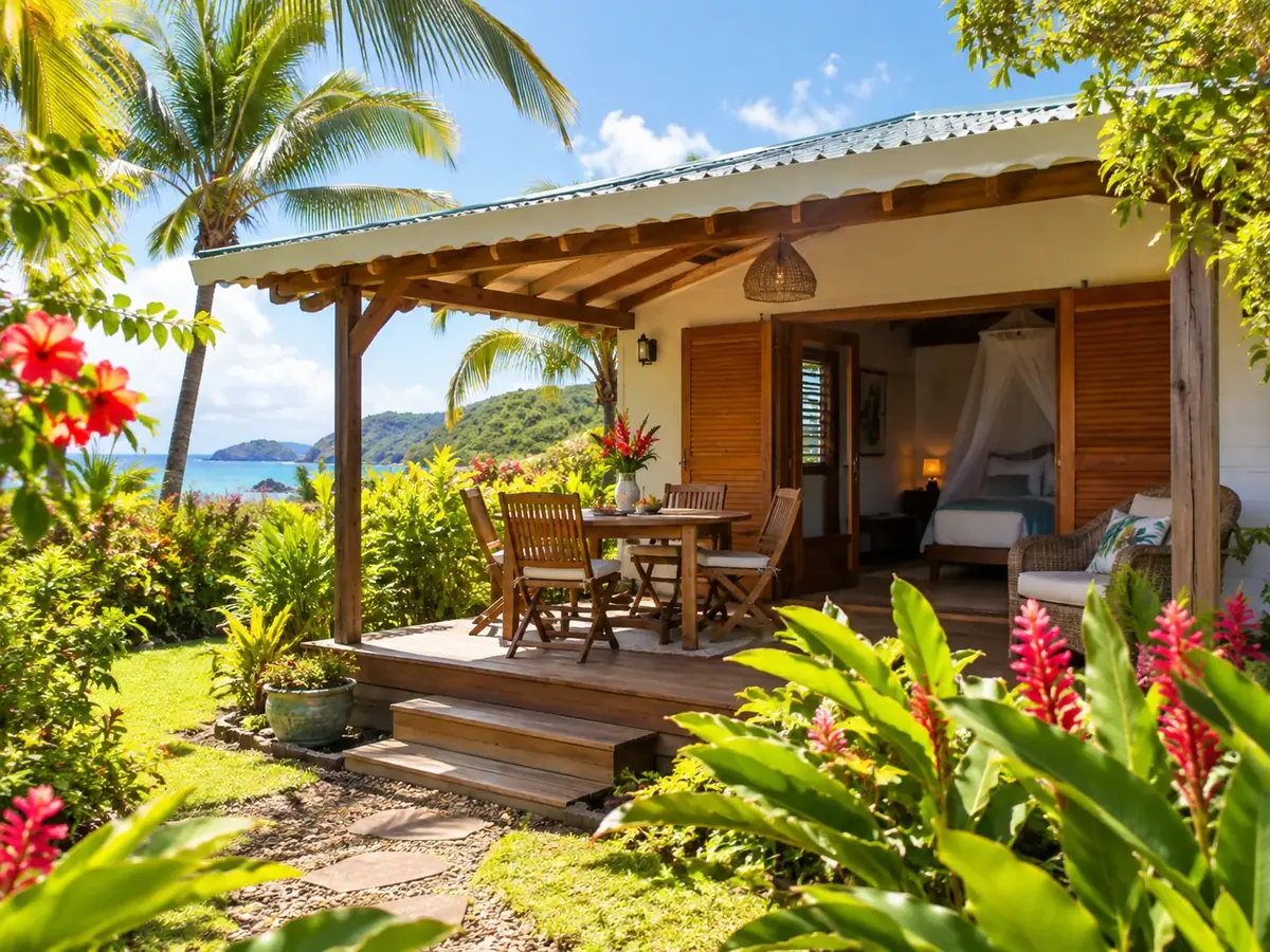 Illustration générée par IA d’un bungalow tropical avec terrasse pour évoquer les hébergements de vacances en Guadeloupe