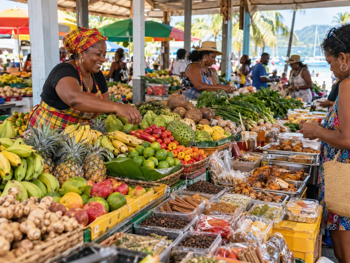 Illustration générée par IA d’un marché antillais coloré avec fruits, légumes et spécialités locales