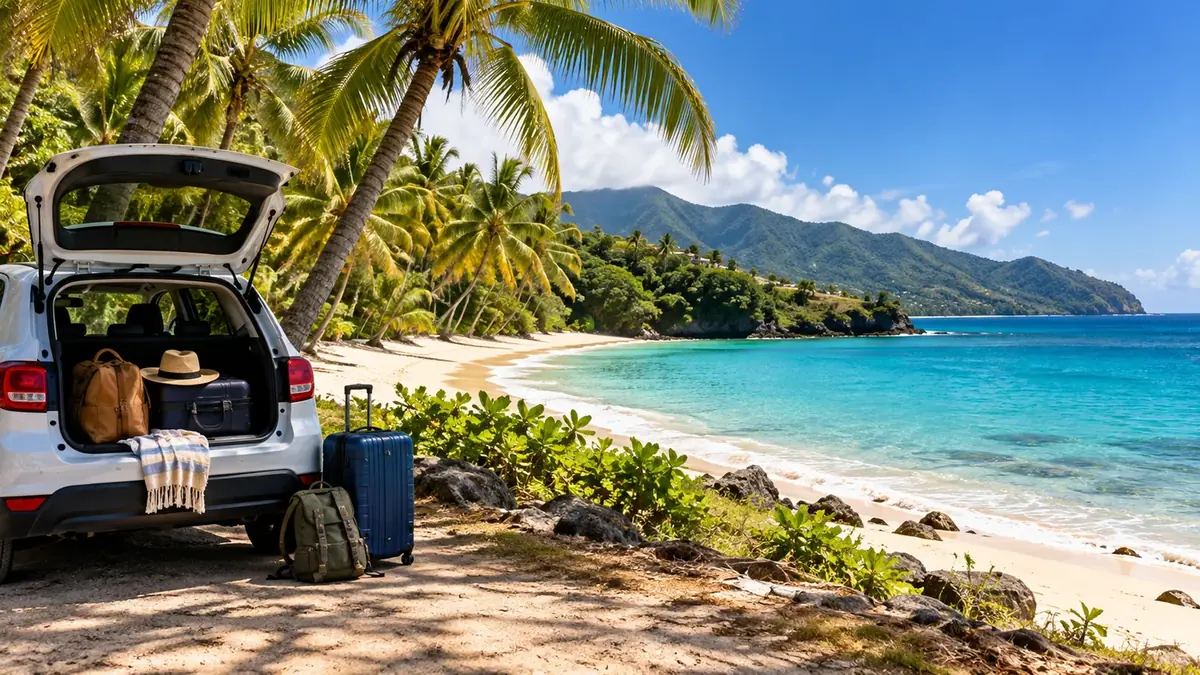 Illustration générée par IA d’une voiture avec valises face à une plage tropicale pour les vacances en Guadeloupe